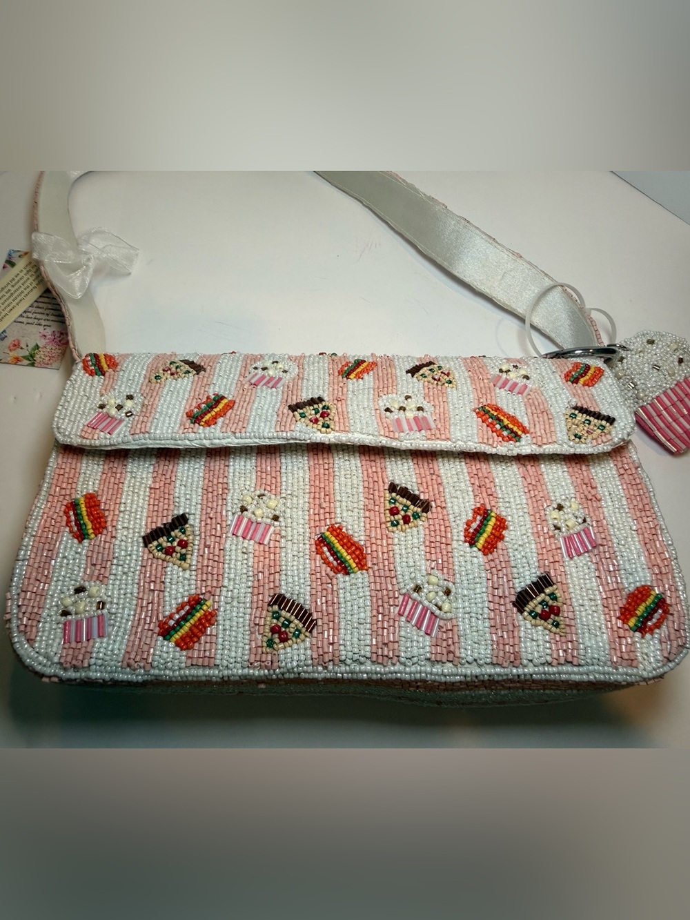 * VIRAL Beaded Pink & White Cupcake/Hamburger/Pizza Striped Shoulder Bag
